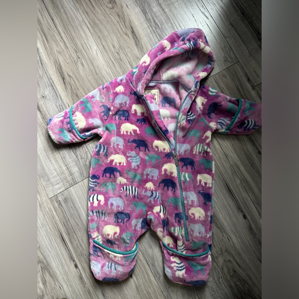 Hatley Soft Pink Elephant Fuzzy Fleece Hooded Bundler One Piece 12-18 months